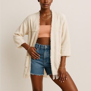 Vilagallo Open Front Cotton Woven Jacket with Fringe, Off White